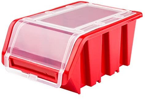 SimpleThing 50 Stück Stapelboxen mit Deckel Größe 120 x 195 x 90 mm Farbe Rot | Werkstatt Wandregal Sortierbox Stapelkiste