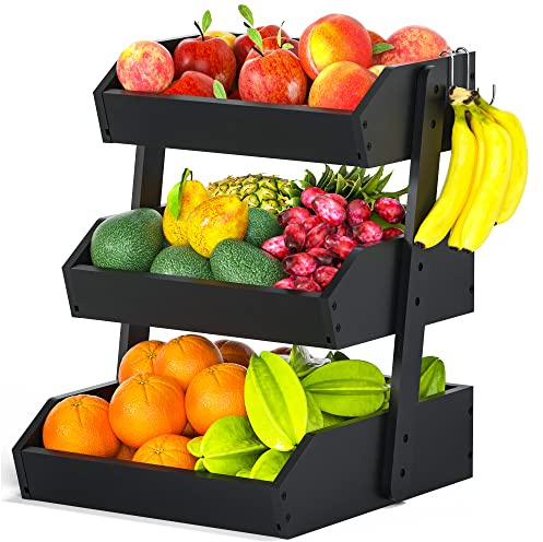 Gmtsl Bamboo Fruit Basket for Kitchen – 3 Tier Fruit Bowl For Kitchen Counter, Large Fruit Holder With 2 Banana Hangers, Idea For Fruit and Vegetable Storage, Bread Basket, Snack Organizer(BLACK)
