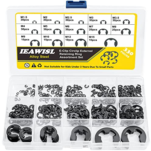 IEAWISL 330 Stk E-Clip Sprengringe Set, 14 Größen E-Clip Sicherungsringe Sortiment Kohlenstoffstahl Externer Sprengring Unterlegscheiben für Befestigen Lagern Zahnrädern Riemenscheiben, M1.5-M15