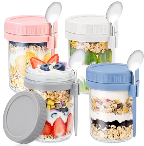 DRKIO 4-pack övernattningsbehållare med lock och skedar 473 ml glas glasburkar för övernattning havre läckagesäker havregrynsbehållare perfekt för frukostflingor, frukt, grönsaker, mjölk, sallad,
