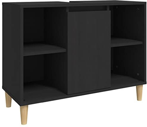 vidaXL Meuble d'Évier, Armoire de Lavabo avec 5 Compartiments et Porte, Meuble sous Lavabo avec Pieds Salle de Bain, Scandinave, Noir Bois d'Ingénierie