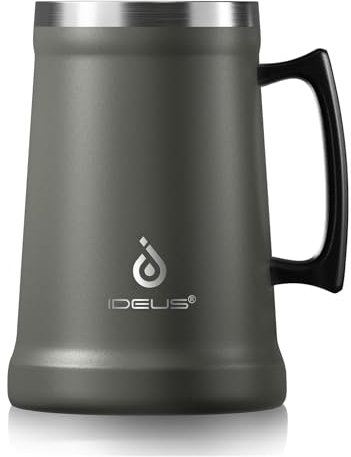 Ideus Insulated Beer Stein, 710/1000ml Stainless Steel Double Walled Beer Mug Giant Bar Drinkware Metal Beer Cup with Big Grip Handle for Party bar and Gathering (Grey 1000ml)