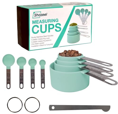 9 Pcs Measuring Cups and Spoons Set - Plastic 4 Measuring Cups and 4 Measuring Spoons with Non-Bendable Stainless Steel Handles & 1 leveller - Cups Measurement Set for Liquids and Solids - Turqouise
