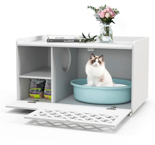 COSTWAY Mobile per Lettiera per Gatti con Contenitore e Cuscino Rimovibile | Panca per Lettiera per Gatti da Interno, Bianco, 90 x 48,5 x 52 cm