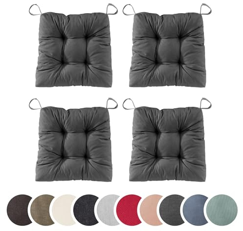 sleepling 4er Set Stuhlkissen 40(vorne), 35(hinten) x 38 x 7cm, Dunkelgrau | Sitzkissen für Stuhl & Bank mit Klettverschluss, 100% Baumwolle, Indoor & Outdoor, Made in EU, Waschbar, 4 Stück