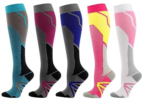 Asudaro 5 Paar Kompressionssocken Elastische Sport-Socken Damen Kompressionssocken Stützstrümpfe, 2 Arten,Bunt Thrombosestrümpfe Compression Socks für Sport/Reisen/Fitness Mehrfarbig