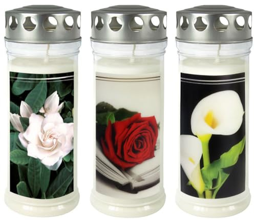 3er Set Grabkerzen - Set Blume - Grablicht - Gedenkkerze - Dauerbrenner 150-160 Std.