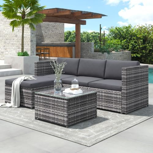 Kayan Polyrattan Lounge-Sofagarnitur, Lounge-Gartenmöbel, Ecksofa, Couchgarnitur mit Sitz- und Rückenkissen, Lounge-Tisch mit Glasplatte (Grau)