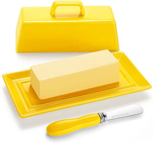 Yedio Porcelain Butter Dish with Lid and Knife, Fits 1 Butter Stick, Yellow