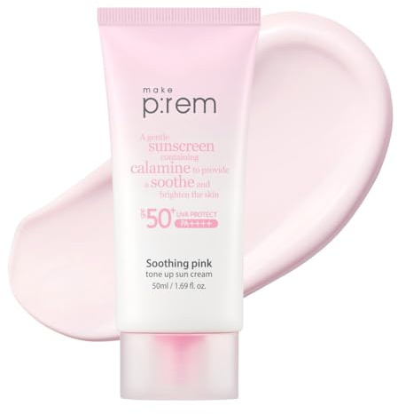 MAKE P:REM Soothing Pink Tone Up Sunscreen, Mineral Sun Care for Dehydrated Skin, Lightweight, Non-Greasy Formula, Skin Tone Correction, Korean Sunscreen, SPF 50, 1.69 fl.oz. (50ml)