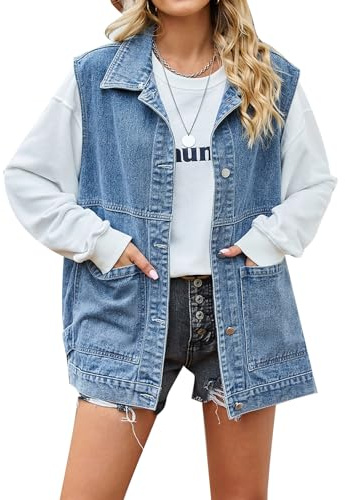 MINTLIMIT Women's Denim Vest Oversized Distressed Sleeveless Button Mid Long Jean Jacket Waistcoat with Pockets