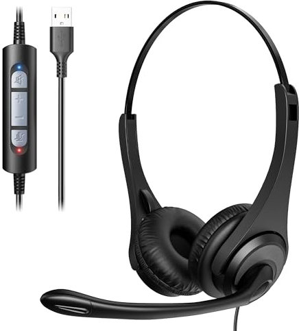 Voistek USB Headset with Microphone for Laptop PC, Wired On-Ear Computer Headphones with Noise Cancelling Mic and In-line Control for VoIP, Call Center, Online Classes, Teams, Zoom, Skype