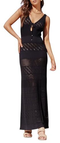 PDYLZWZY Robe longue en crochet pour femme - Sans manches - Col en V - Robe unie - Maillot de bain - Couverture de plage, Noir , M