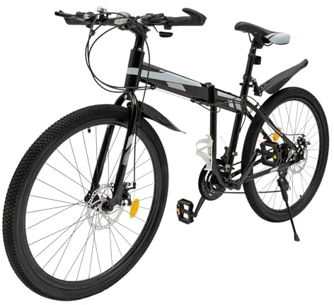 CLEADONG 26 Zoll Mountainbike 21Gang Bike Zusammenklappbar, Fahrrad Höhenverstellbar, Federgabel und Scheibenbremse, Unisex Bike für Herren Damen Schwarz, Silber