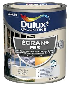 Dulux Valentine Peinture Ecran+ Fer Intérieur/Extérieur - Haute résistance aux intempéries, aux UV, chocs et rayures - Beige Gris 2 L