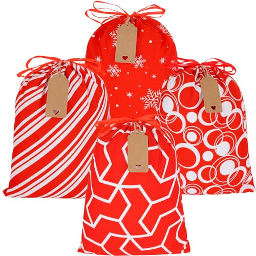 4 Stück Geschenksäckchen zu Weihnachten Weihnachtsmannsack aus Baumwolle mit Kordelzug für Weihnachtsfeier Party Geschenkverpackung Dekoration（30x40 cm）