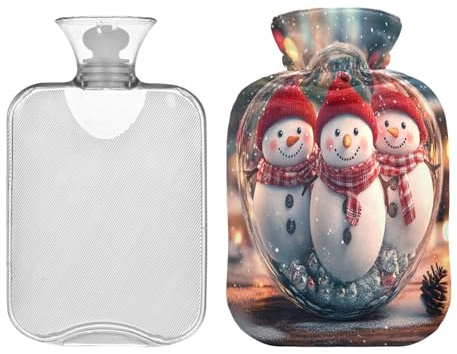 JUMBEAR Wärmflaschen mit süßem Schneemann, mit weichem Bezug, Schmerzlinderung, Wärmbeutel, 1 l, für Hände und Füße, warme Wassersäcke, bequem schlafen