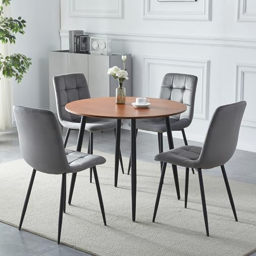 Table de salle à manger ronde moderne de 90 cm avec 4 chaises rembourrées en velours finition noyer design gain de place pour cuisine, bureau, salon, cadre en métal robuste, couleur gris clair