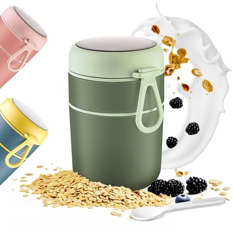 etoper Gobelet à céréales à emporter - 600 ml + 210 ml - En acier inoxydable - Anti-fuite - Avec cuillère et couvercle - Pour muesli à emporter, yaourt à emporter, céréales - Vert