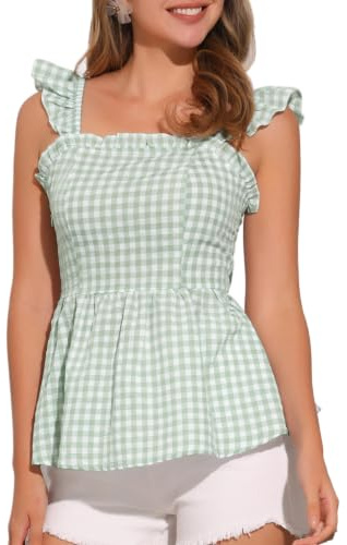 Allegra K Haut Péplum Femme Chemisier d'Été à Carreaux sans Manches Col Carré Blouse Casual Dos Smocké Débardeur à Bretelles