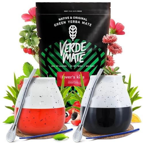 Kit yerba maté pour couple - Verde Mate Lover's Kiss 400g + 2 calebasses | Ensemble complet de yerba maté aromatisée avec calebasses céramiques et paille bombilla pour deux personnes