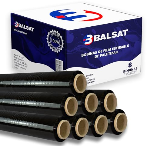 BALSAT | 8 Bobinas de film estirable de paletizar | Paquete ahorro de 8 Bobinas | Negro o Transparente | Calidad profesional | Ancho de bobina 50 cm | 23 My (Negro)