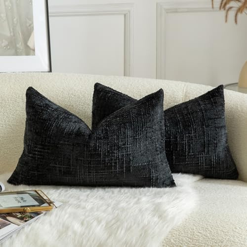 Mandioo 2er Set Chenille Kissenbezug Dekorativer Kissenbezüge Gemütlicher weichen Kissenhülle Sofakissen Dekokissen Couchkissen Zierkissenbezug Schlafzimmer Wohnzimmer 40x60 cm Schwarz