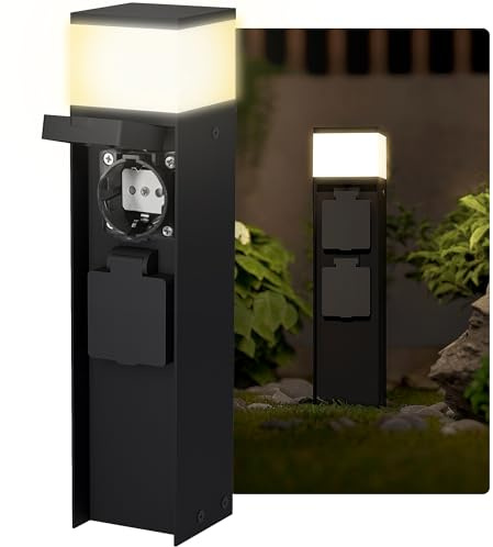 SSC-LUXon ZAVO Energiesäule schwarz IP44 G9 warmweiß mit 2 Steckdosen | Steckdosensäule mit Licht - zwei Schuko-Steckdosen, warmweißes Gartenlicht, für Terrasse, Wege & Carport, inkl. G9 LED