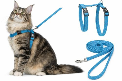 arnes para Gatos - Gato Grande Elza Azul - 22-32cm - 35-56cm - Correa 120cm - Nylon Ajustable - Reflectante - con mosqueton