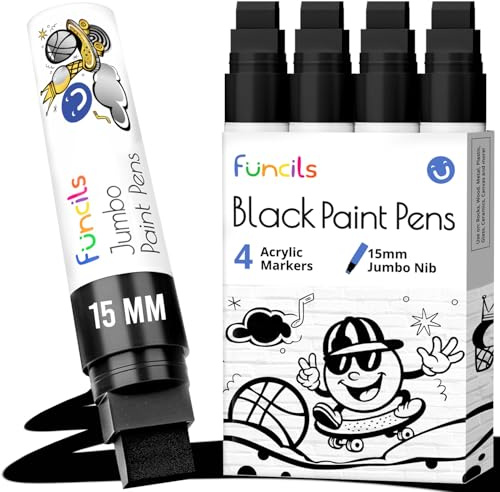 Funcils 4 Jumbo Black Paint Pen - 15mm Wide Tip, Poster Markers for Wood, Rock Painting, Plastic, Glass, Metal, Walls, Fabric - Large Thick Permanent Paint Markers for Signs, Board, Teachers