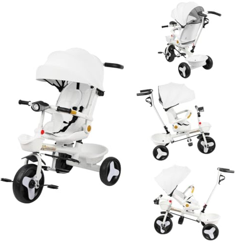 Homewell Kinderwagen mit schubstange, Dreirad ab 9 Monate, Kinderdreirad mit Musik & Licht, Verstellbarer Sitz-Liege-Modus, ausklappbarem Verdeck mit Sonnenschutz und 2 Ablagekörben (Weiß)