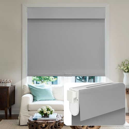 Keego Cordless Roller Blinds Easy Install No Tools No Drill Blinds for Windows Waterproof Blackout Shades for Kitchen Bedroom Bathroom Living Room (Fog Grey, 132cm W x 120cm H)