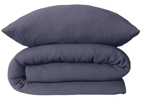 Schiesser Bettwäscheset Molly | 2-teilig | Uni | Musselin | 100% Baumwolle | Oeko-Tex Zertifiziert | Reißverschluss | 135x200cm + 80x80cm | Indigo