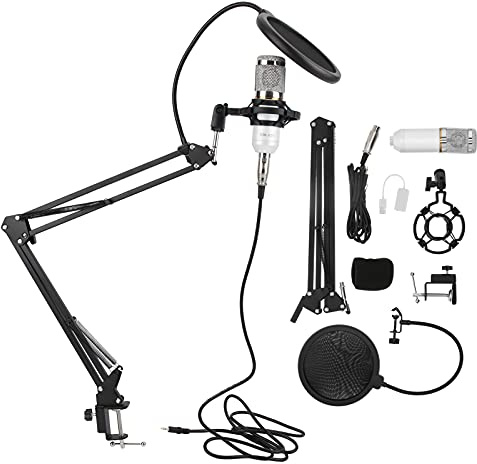 Kit di microfono a condensatore BM800 USB con braccio flessibile per computer per notebook desktop per PC, microfono di trasmissione di registrazione, suono chiaro, velocità di (White + Silver)