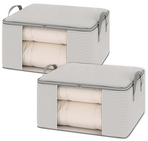 2 Breathable Storage Bag for Duvets & Blankets& Clothing 60 * 40 * 30cm,Heavy Duty Cloth Storage Bags with Reinforced Handles & Double Zips,Foldable Dust-Proof Organiser for Bedding