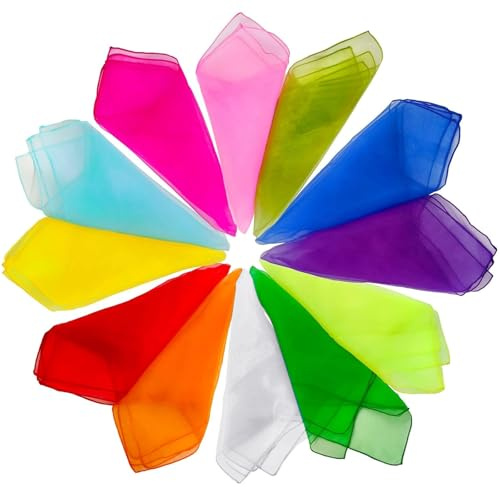Teouuas 12 Pezzi Foulard Giocoleria, Fazzoletti Colorati per Bambini, 60x60 cm, Bambini Foulard in Chiffon per Danza, Ginnastica, Giochi Sensoriali, Festa, Spettacolo Magico e Asilo