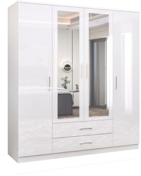 GLOSSIQUE 4 Door High Gloss Wardrobe with Mirror – MDF Board Bedroom Storage Cabinet with Shelves & Drawers (White 160cm)