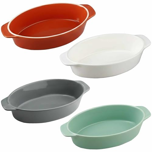 4-Piece Oval Ceramic Baking Dish Set with Handles, White, Gray, Brown, Mint, 22cm/8.5inch, for Lasagne, Pie, Casserole, Tapas, Oven to Table Serving