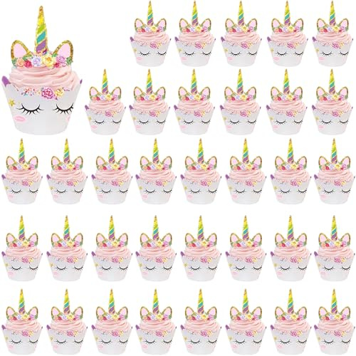 Cupcake Topper Wrapper, 36 set Unicorn Cupcake Toppers | Decoración de Magdalenas, Cake Decorations para Niños Niñas Regalo Unicornio Decoraciones de Fiesta de Cumpleaños