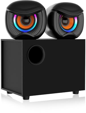 WEMWLCWT 2.1 Channel Computer Speakers with Subwoofer, Black Metal Mesh, RGB LED Lighting, Theater-Grade Sound System for Gaming PC TV, Dual Satellite Design, 2025 Upgraded Model