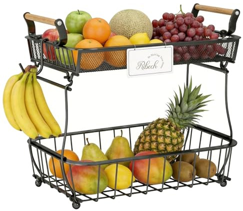 Ribech Obstkorb 2-stöckig mit 2 Bananen-Aufhängern, Metall-Draht für Küchenarbeitsplatte, Gemüseaufbewahrung, Obstständer schwarz, Großraum-Obstkorb mit Bananenhalter