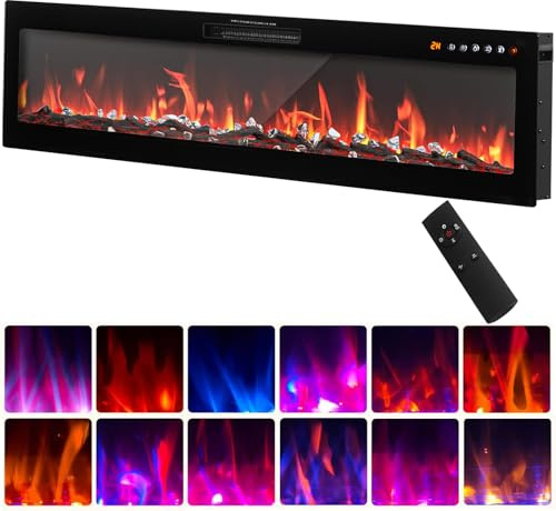 LSLIFE 42/50/60In Recessed & Wall Mounted Electric Fireplace Electric Fire | 750W/1500W; Touch Screen & Remote Control; 12 Flame Colors Crystal Log Set; Adjustable Flame Color and Speed