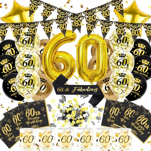 60 Geburtstag Deko Männer Frauen, Schwarz Gold Zahlenballon 60. Geburtstag | Geburtstagsdeko 60 Jahre, Schwarz Gold Party Deko, Happy 60th Birthday Banner, 32 Zoll Zahlenballons, Schärpe und Ballons