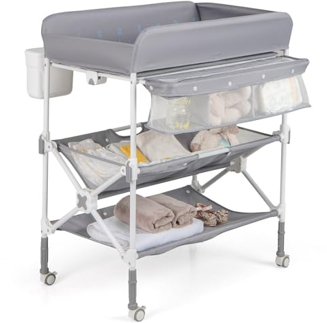 COSTWAY 5 in 1 Wickelkommode, Wickeltisch klappbar, Wickelstation höhenverstellbar mit Seitenkorb, Regalen & Mülleimer, tragbares Baby Changing Table mit Rollen für Neugeborene & Säuglinge (Grau)