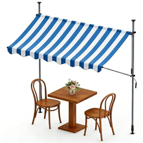 Ferzone Klemmmarkise ohne Bohren 250x120cm, Balkonmarkise mit Handkurbel, höhenverstellbar, Sonnenschutz, UV-beständig, Wasserdicht, Sonnenmarkise für Terrasse,Balkon,Garten (Blau - weiß Streifen)
