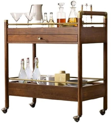 KIBONCY 2-stöckiger Barwagen aus Walnussholz mit Schublade, rollender Servierwagen mit Messingakzenten for die Hausbar, Wohnzimmerküche(Brown)
