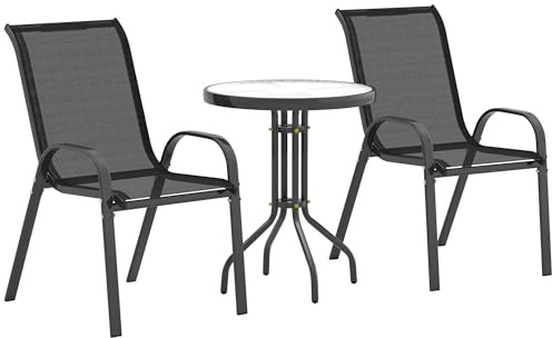 Outsunny Bistro-Set Garten-Set 3-teilig Wetterfest Glastisch Schwarz | Gartenmöbel, Stapelbare Gartenstühle, Balkonmöbel Set, Sitzgruppe, Balkonset, Gartengarnitur