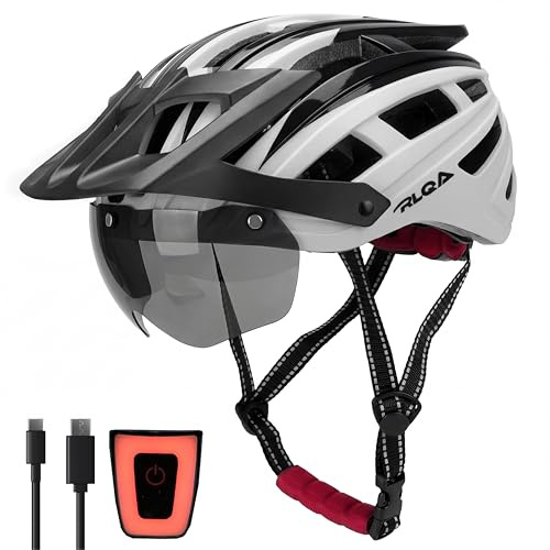 RLQA Fahrradhelm Herren Damen, MTB/Rennrad Helm mit Abnehmbarer Magnetischer Visier & Brille, Radhelm mit 24 Luftungsschlitzea, LED Rucklicht, Reithelm Verstellbare GroBe (M:54-58cm, Orange)