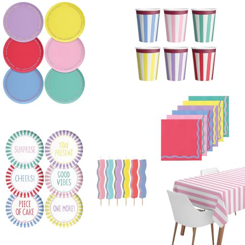 OH YEAH - Kit Vajilla Desechable Happy Vibes Rosa Fiesta de Cumpleaños 12 Personas - 64 Piezas - Platos, Vasos, y Servilletas Desechables - Decoración Vajilla Cumpleaños Infantil Temático - Kit Mesa