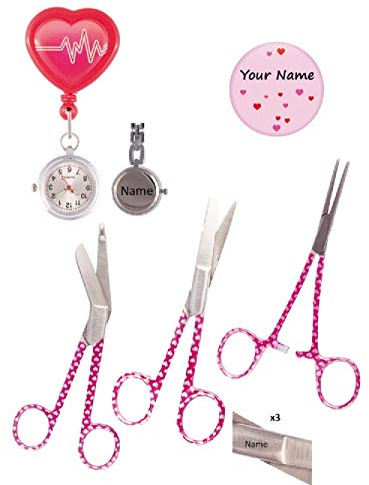 Hospitrix Set Accessori per Infermieri (Orologio Infermiere + Button + forbici per infermiere) con Personalizzazione